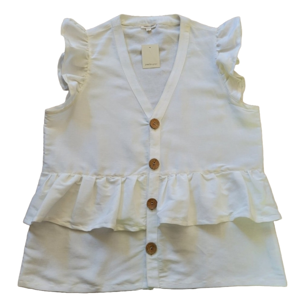 🌟  NWT JENNIFER & GRACE Linen Blouse Size L Ivory Summer Ruffles